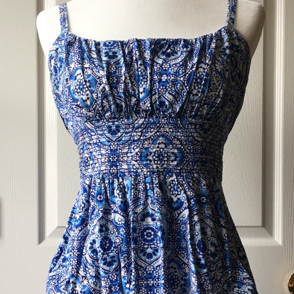 Blue and white paisley dress